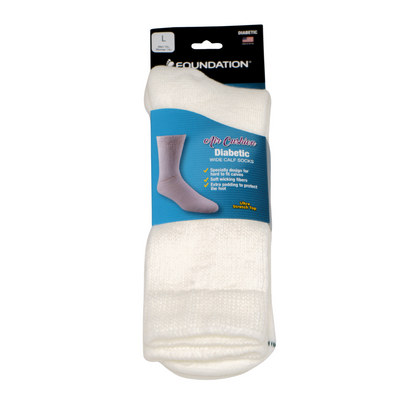 FOUNDATION® DIABETIC AIR CUSHION WIDE CALF CREW SOCKS - WHITE