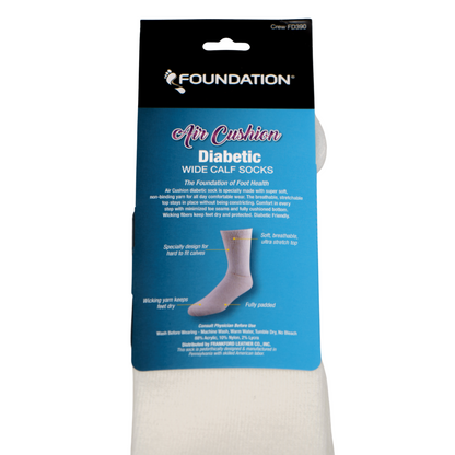 FOUNDATION® DIABETIC AIR CUSHION WIDE CALF CREW SOCKS - WHITE